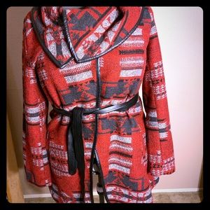 Red Print Coat with Cowl Neck